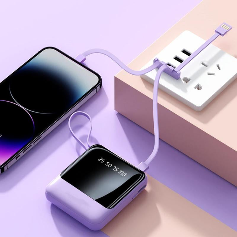 10000Mah Portable Power Bank, USB Rechargeable Power Bank with Detachable Data Cable, Lightweight Rechargeable Mini Mobile Power Bank Compatible with Iphone Samsung Android Huawei