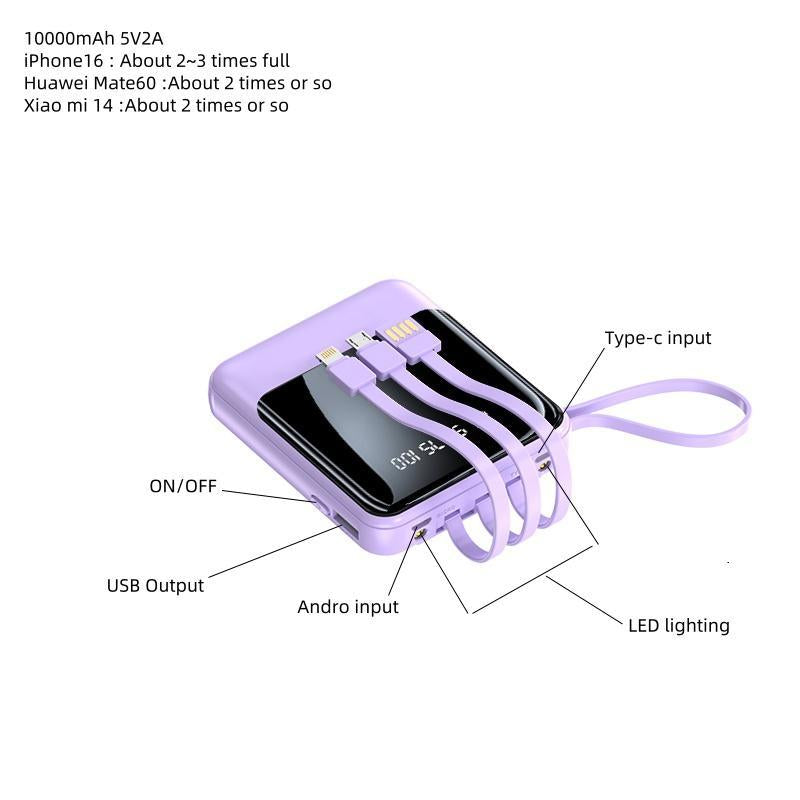 10000Mah Portable Power Bank, USB Rechargeable Power Bank with Detachable Data Cable, Lightweight Rechargeable Mini Mobile Power Bank Compatible with Iphone Samsung Android Huawei